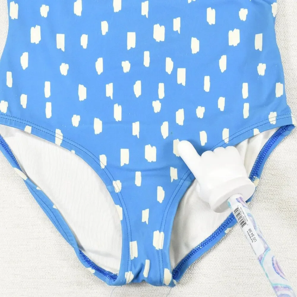 Hanna Andersson Girls Size 8 One Piece Swimsuit Blue Dot Rainbow Stripe Strap